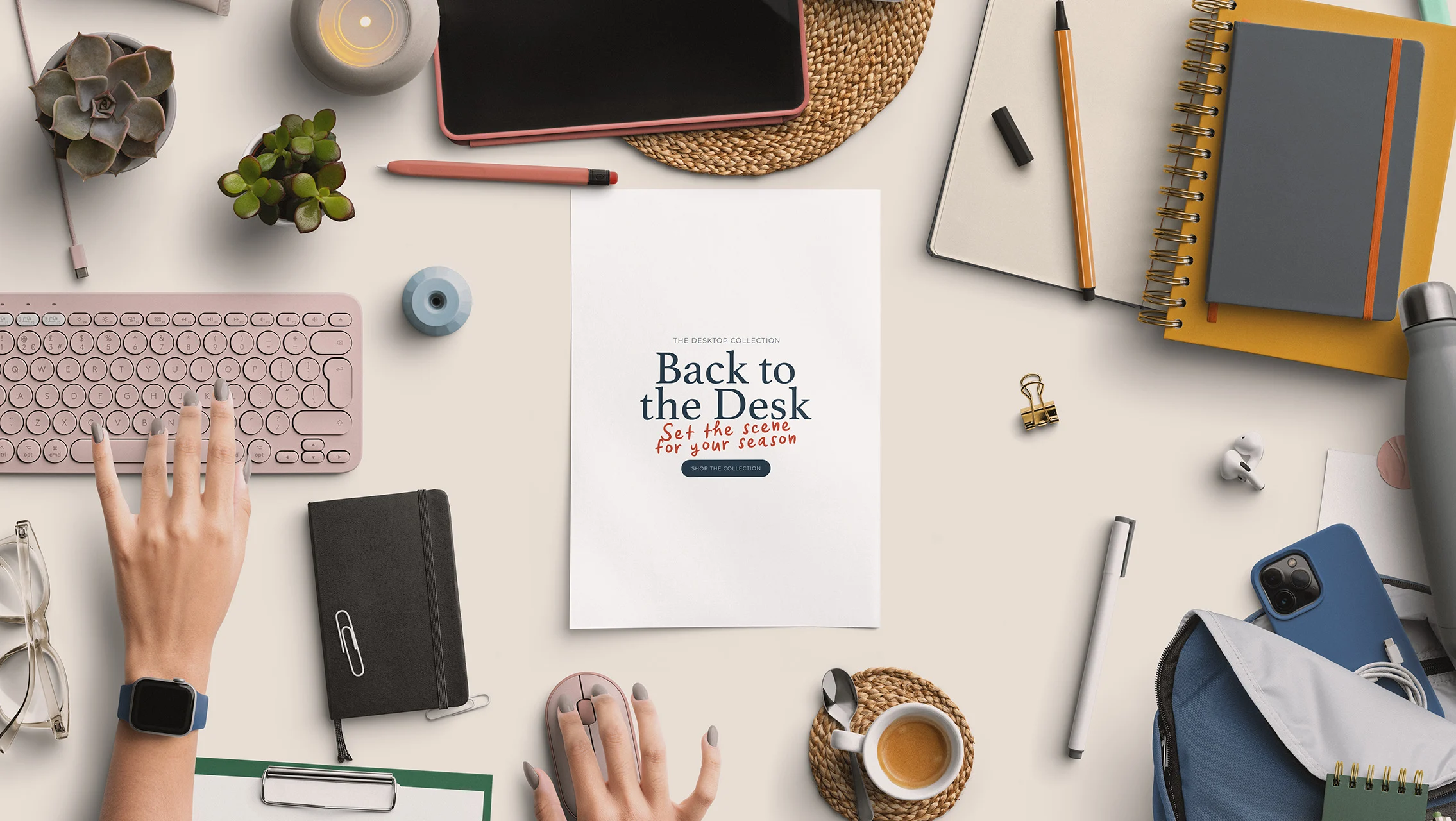 Creative desk scene with editable design mockups