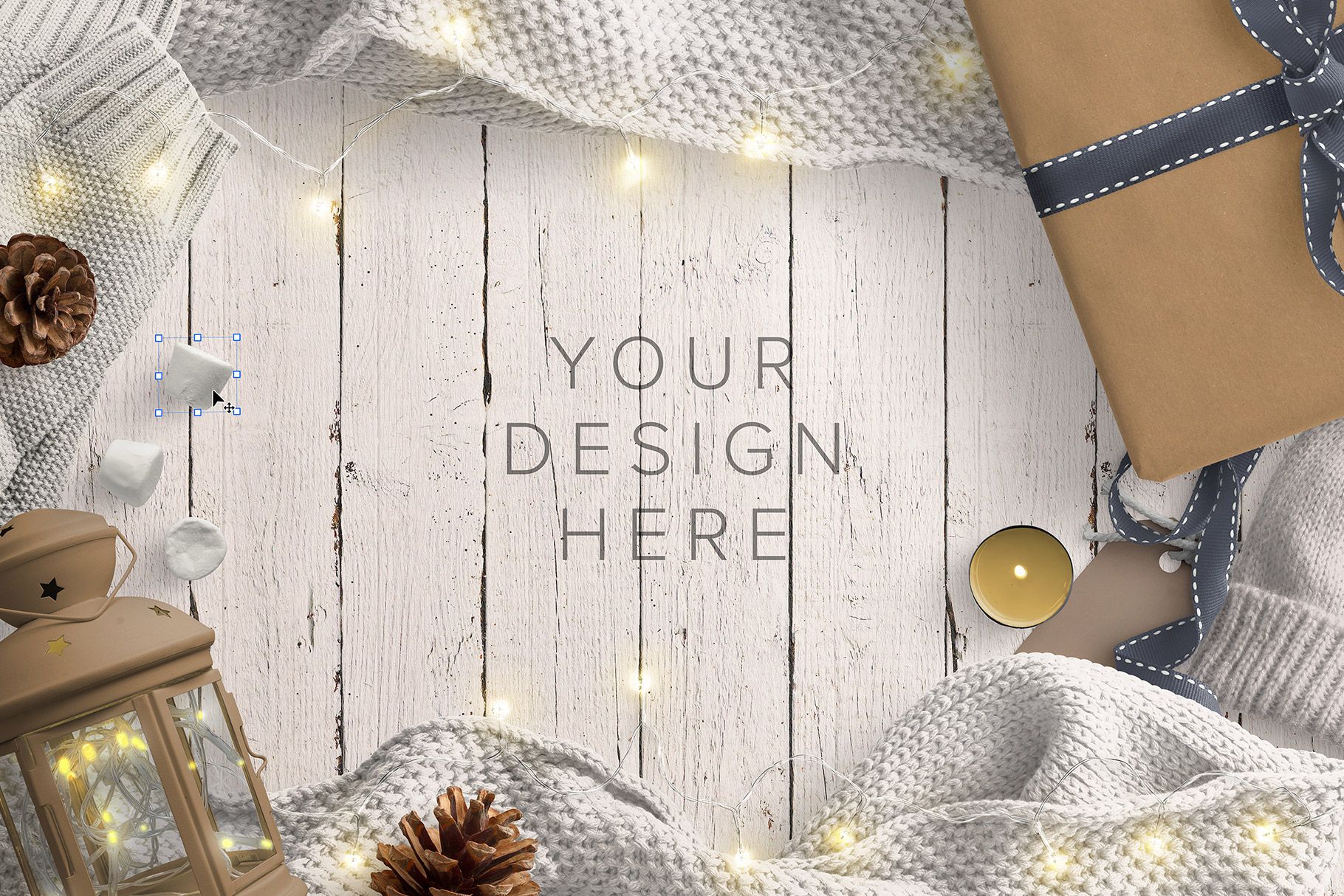 Cozy Winter Scene with Fairy Lights Lantern Gift Pinecones and Woollen Sweater 2
