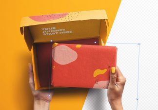Hands Holding Opened Postal Box and Package Mockup thumbnail 2