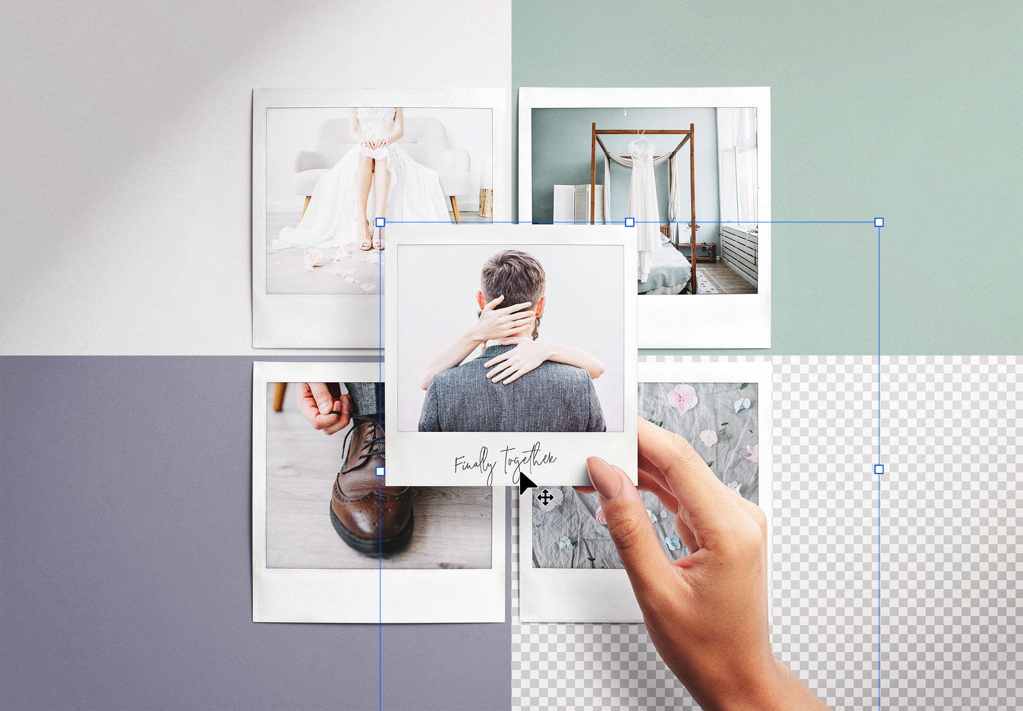 Hand Holding Instant Picture on Top of Grid of Photos 03 Isolated Objects