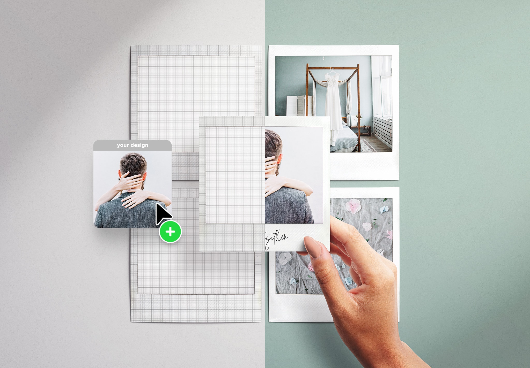 Hand Holding Instant Picture on Top of Grid of Photos 05 Add your design