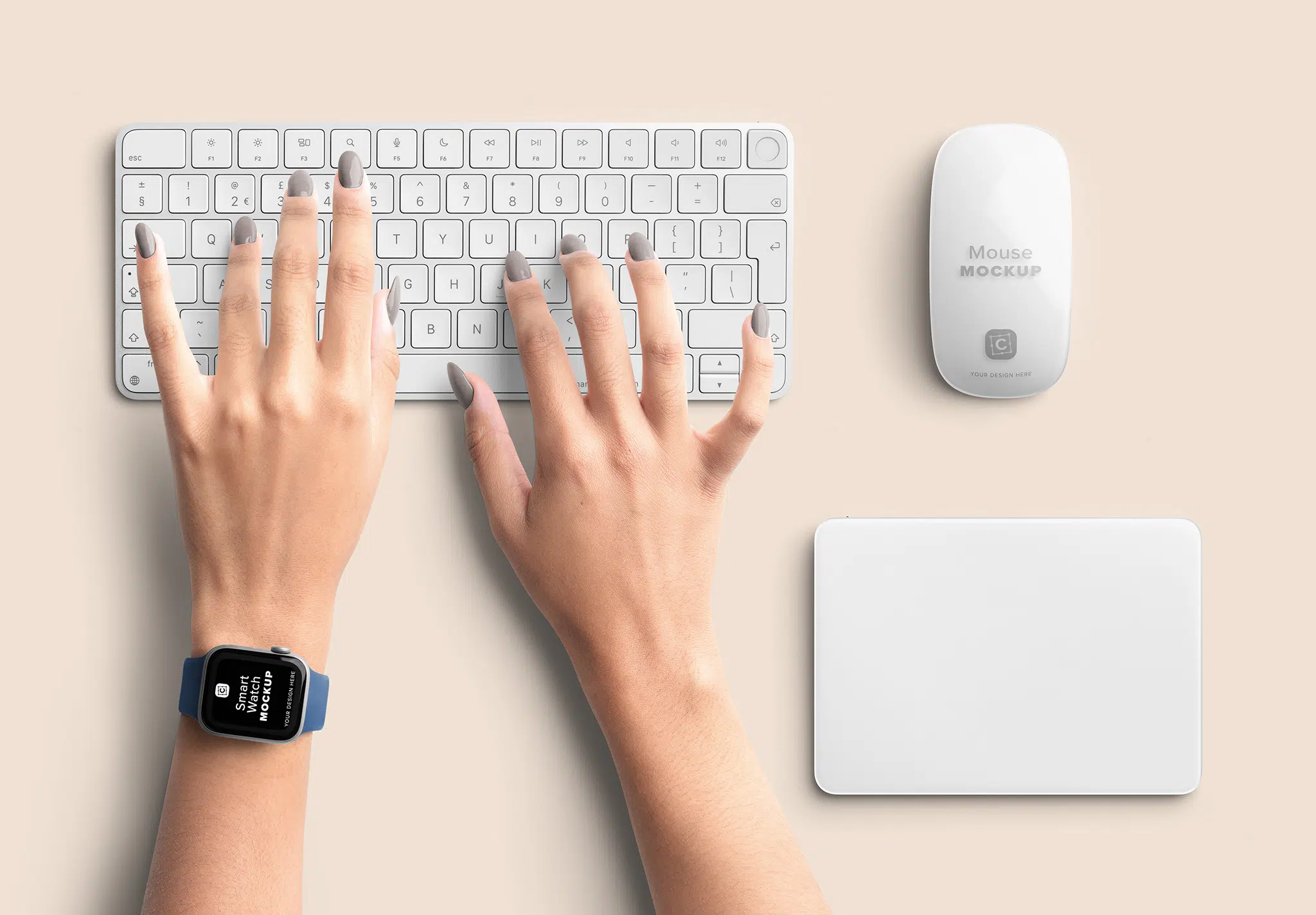 Desk Mockup Scene Creator Hands and Peripherals: 5 items including Mouse, Keyboard, Trackpad, Right Hand with Smart Watch and Left Hand