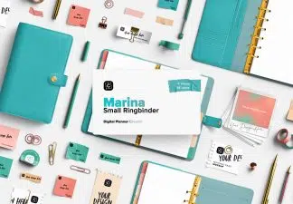 Marina Small Ringbinder Digital Planner Creator cover preview with teal ring binder planner and styled desk accessories.