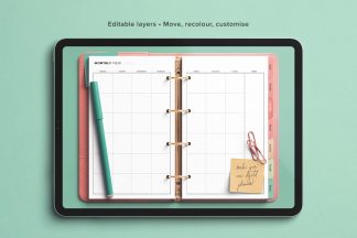 Free digital planner creator starter kit preview on iPad showing open planner, monthly layout, and stationery props