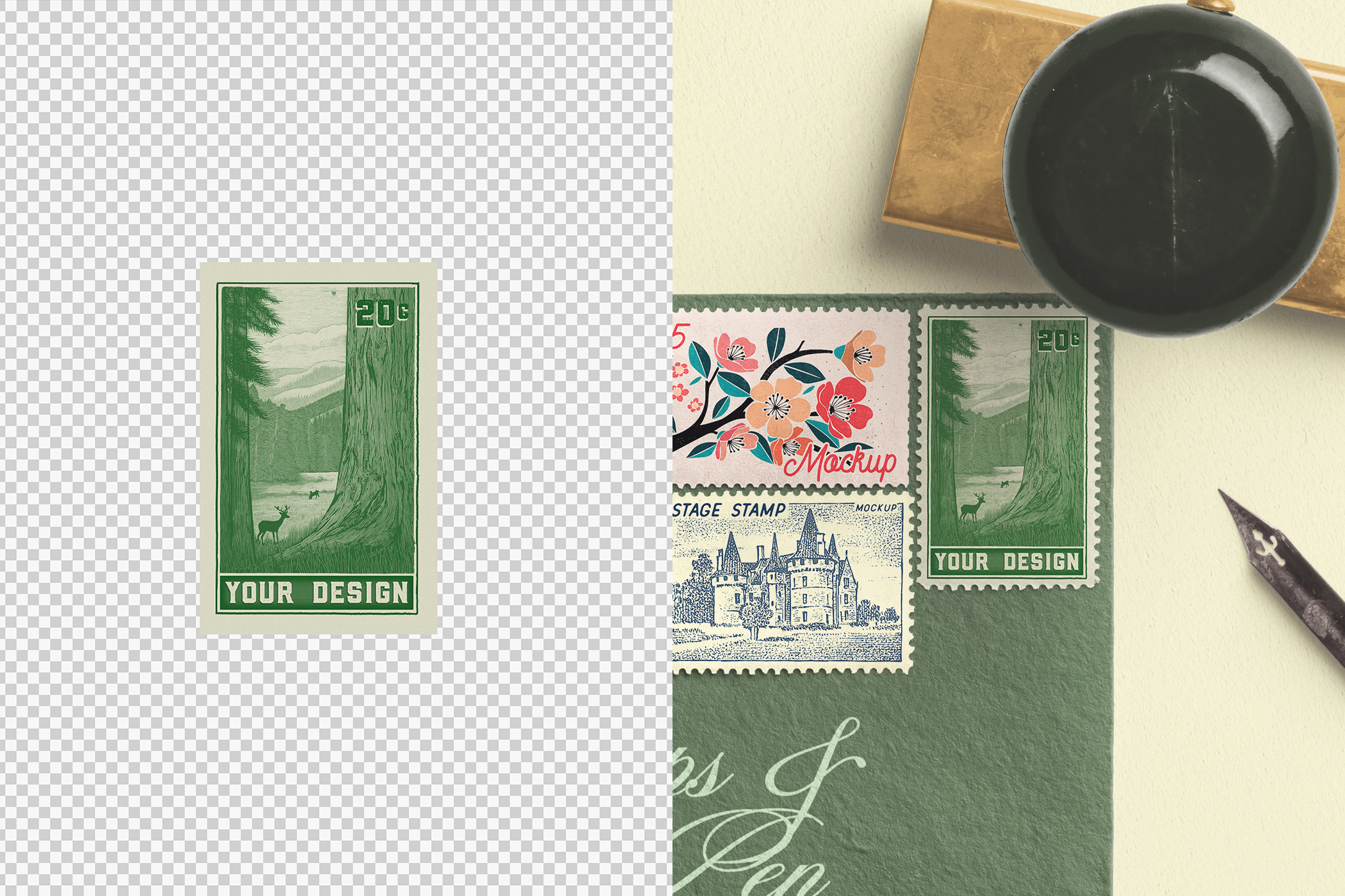 Envelope Mockup with Postage Stamps and Calligraphy Pen 08 Add Your Design.jpg